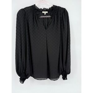 Max Studio Black‎ Sz XS Polka Dot Long Sleeve Blouse Ruffle Neck Top